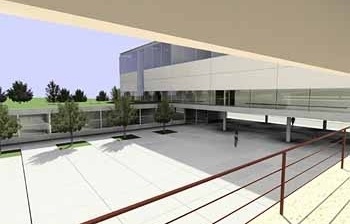 Vista da praça a partir do laboratório de técnicas circenses, no bloco do teatro <br />Imagem dos autores do projeto 
