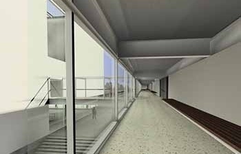 Circulação e descanso das salas de aula prática dos departamentos de artes cênicas e corporais <br />Imagem dos autores do projeto 