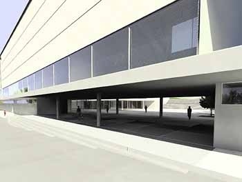 Varanda de entrada do conjunto a partir da rua Bertrand Russel. Acessos independentes para os departamentos de artes cênicas e corporais <br />Imagem dos autores do projeto 
