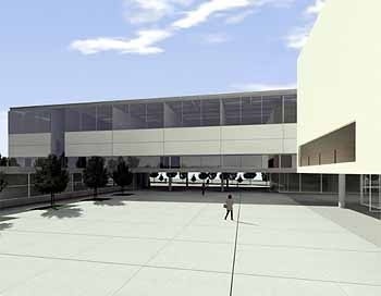 Vista da praça a partir do passeio que integra o novo conjunto com os departamentos de música e artes plásticas <br />Imagem dos autores do projeto 