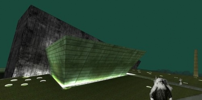 Vista frontal com volume do grande teatro em primeiro plano<br />Imagem do autor do projeto 