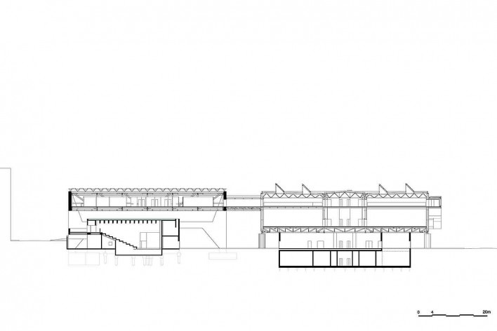 Museu Nacional dos Coches, corte transversal do anexo e do pavilhão principal, Lisboa. Arquiteto Paulo Mendes da Rocha, MMBB arquitetos e Bak Gordon arquitetos<br />Imagem divulgação 