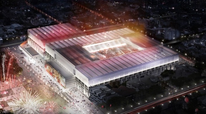 Complexo Esportivo e Cultural Clube Atlético Paranaense, perspectiva aérea do complexo, Curitiba. Arquiteto Carlos Arcos<br />Imagem divulgação 