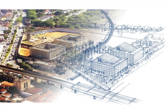 Croquis do projeto sobreposto a foto dos antigos pavilhões [Arquivo Aflalo & Gasperini]