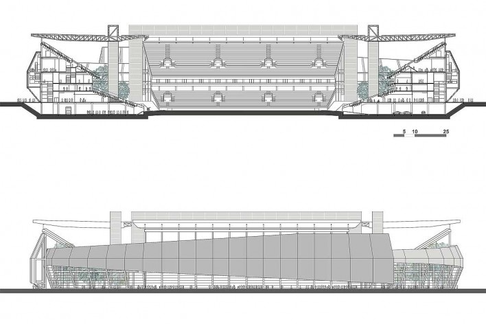 Arena Pantanal, corte AA e elevação, Cuiabá MT. Arquiteto Sergio Coelho [GCP Arquitetos]