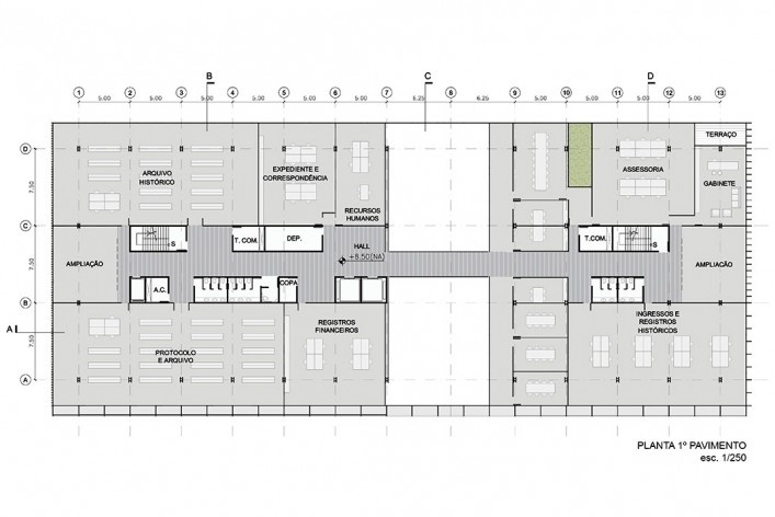 Planta pavimento 1, Sede Administrativa da Câmara Municipal de Porto Alegre, 1º lugar, Corsi Hirano Arquitetos<br />Imagem divulgação 