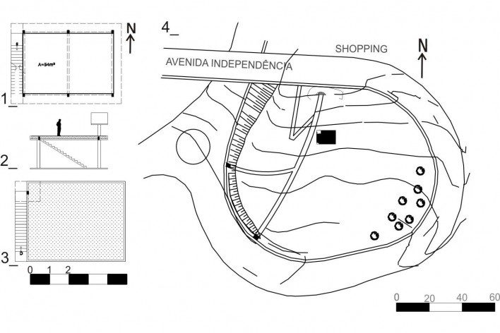 Desenhos técnicos da casa: 1-planta baixa- Área livre 54m²; 2-corte transversal; 3- cobertura- teto jardim; 4-Situação da casa na curva do Lacet<br />Desenhos do autor 