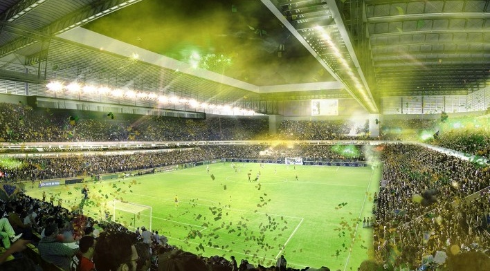 Complexo Esportivo e Cultural Clube Atlético Paranaense, interior da cancha, Curitiba. Arquiteto Carlos Arcos<br />Imagem divulgação 