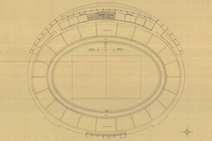 Estádio Vivaldo de Lima, planta geral 02 (detalhe). Arquiteto Severiano Porto, 1965<br />Escaneamento de Cláudio Muniz  [Acervo do Núcleo de Pesquisa e Documentação – FAU/UFRJ – Brasil]
