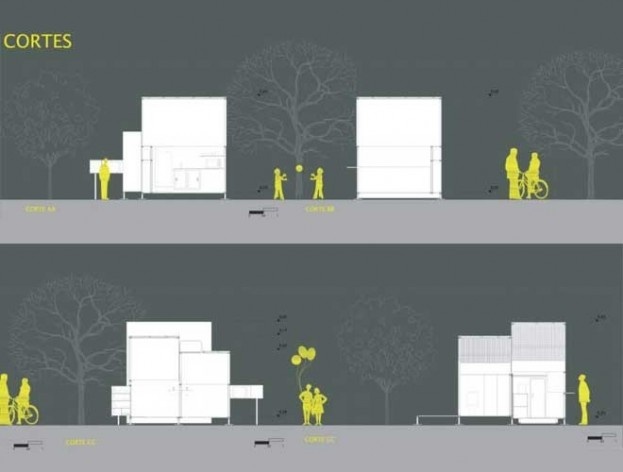 Projeto de quiosque para parques públicos de São Paulo, cortes. Beatriz Carra Bertho, Gabriela Ortega, Maíra de Camargo Barros, Mariela Mezalira, Ricardo Marchesini Galvão. 3º. prêmio categoria estudantes, 2009.