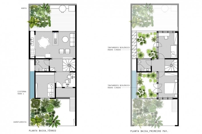 Casa do arquiteto, plantas térreo e superior, Butantã, São Paulo, 2012. Arquiteto Tomaz Lotufo<br />Desenho Flávia Burcatovsky  [Escritório Tomaz Lotufo]