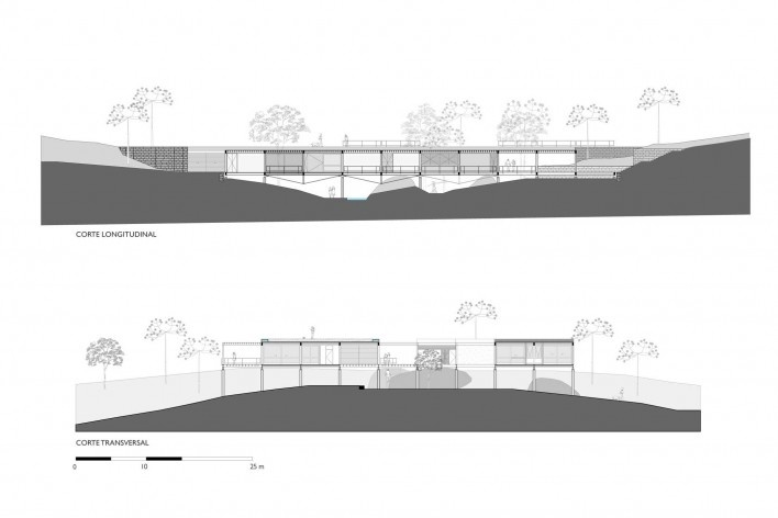 Projeto Casa Grelha, corte da residência.Forte, Gimenes & Marcondes Ferraz Arquitetos, 2º. prêmio categoria profissional/ obras concluídas, Serra da Mantiqueira, SP, 2005-2007.