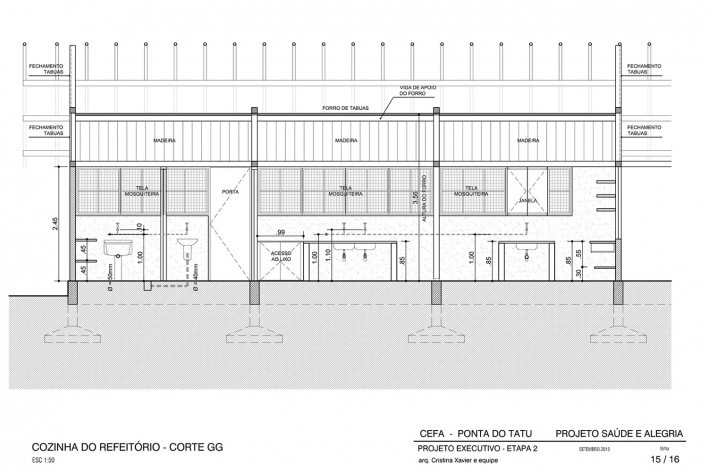 Centro Experimental Floresta Ativa - CEFA, corte da cozinha do refeitório principal, RESEX Tapajó-Arapiuns PA. Arquiteta Cristina Xavier<br />Imagem divulgação 