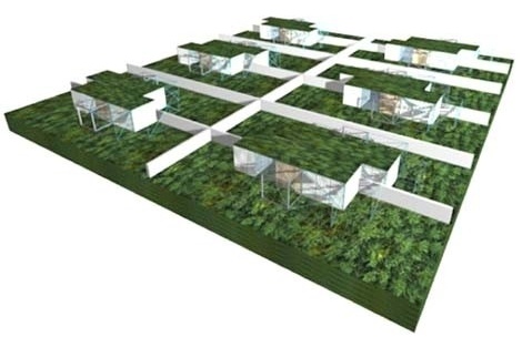 Montagem horizontal. Possibilidade de aglomeração em loteamento. Cada um com seu terreno. Esta opção é melhor implantada em novos loteamentos ou em vários lotes adjacentes. Neste caso, a proposta é agrupar as unidades geminadas duas a duas. Desta forma sã<br />Imagem dos autores do projeto 