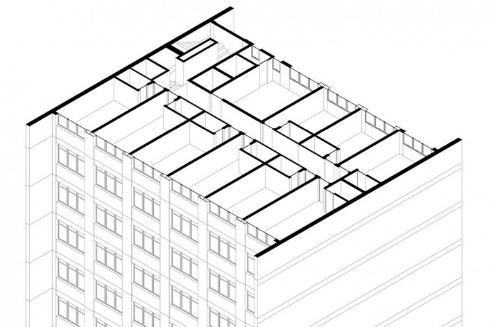 H.O.M.E. — Housing and Office Modular Environment, isométrica do pavimento tipo atual, São Paulo, 2020. Arquitetos Ricardo Gonçalves, Matheus Marques, Rolando Figueiredo e Luisa Favilla / Hiperstudio<br />Imagem divulgação  [Hiperstudio]