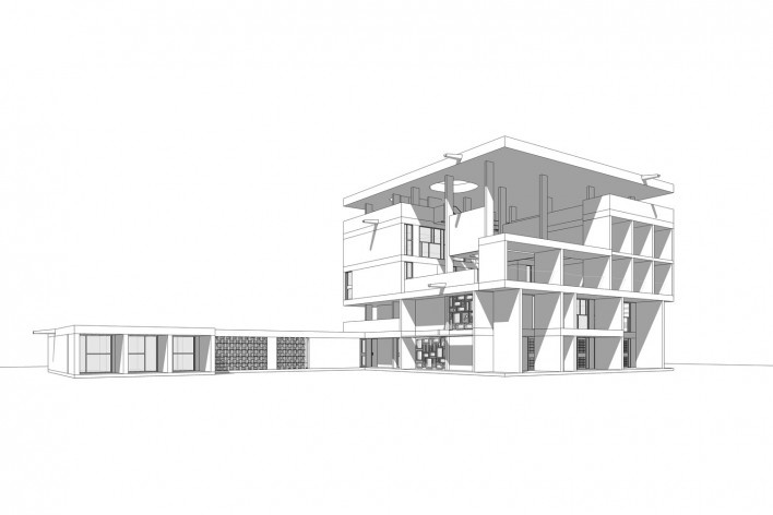 Casa Shodhan, vista externa do edifício, Ahmedabad, Gujarat, Índia, 1951-56. Arquiteto Le Corbusier<br />Modelo tridimensional Gabriel Johansson Azeredo / Imagem Edson Mahfuz 