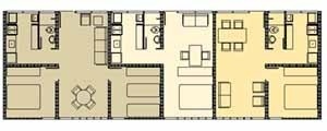 Planta das unidades; 02 dormitórios [área 45,24 m2 ]; quitinete [área 28.44 m2 ]; 01 dormitório [área 37.14m2] <br />Imagem dos autores do projeto 