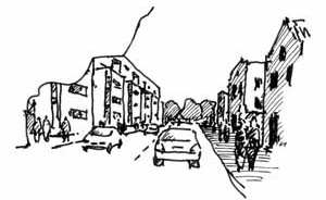 Esquema 6: O escalonamento do conjunto e o alinhamento seguindo o limite do terreno acompanham a lógica das edificações da rua<br />Imagem dos autores do projeto 