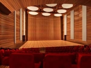 Vista interna do auditório com os painéis de reflexão de som abertos<br />Imagem dos autores do projeto 