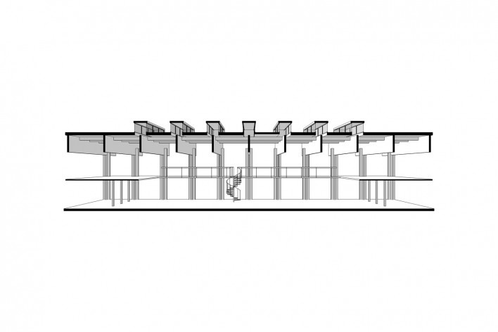 Saint Catherine’s College, corte longitudinal da biblioteca, Oxford, Inglaterra, 1959-1964, arquiteto Arne Jacobsen<br />Modelo tridimensional de Edson Mahfuz e Ana Karina Christ 