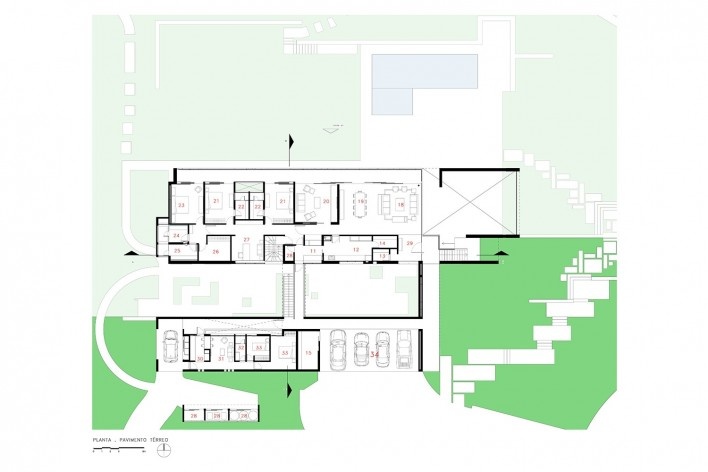 Residência LG, planta pavimento térreo, Bragança Paulista SP Brasil, 2014. Arquitetos Henrique Reinach e Maurício Mendonça (autores)/ Reinach Mendonça Arquitetos Associados<br />Imagem divulgação/ disclousure image  [Reinach Mendonça Arquitetos Associados]