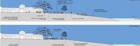 Corte 1 - situação proposta (em cima) e existente (embaixo) <br />Imagem dos autores do projeto 