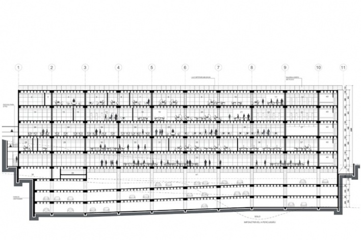 Centro de Referência em Empreendedorismo do Sebrae-MG, corte longitudinal, 2º lugar. Arquiteto Francisco Spadoni, 2008<br />Desenho escritório 