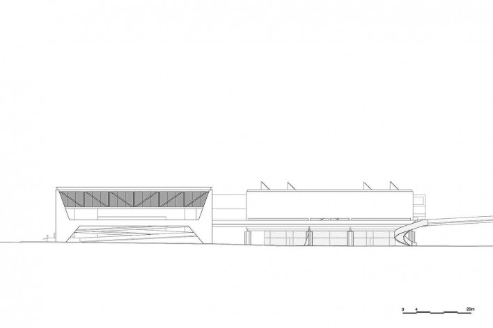 Museu Nacional dos Coches, elevação do anexo e do pavilhão principal, Lisboa. Arquiteto Paulo Mendes da Rocha, MMBB arquitetos e Bak Gordon arquitetos<br />Imagem divulgação 