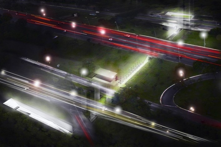 Perspectiva ilustrativa externa e noturna, mostrando todo o percurso da passagem sob o eixão. Concurso Passagens sob o Eixão. Menção honrosa 5<br />divulgação 