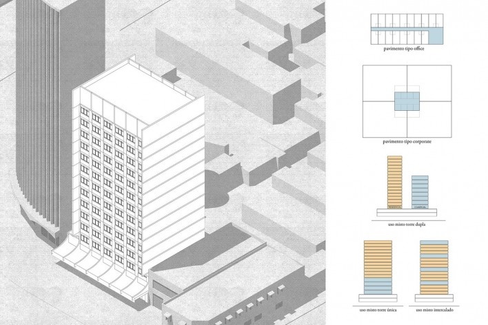 H.O.M.E. — Housing and Office Modular Environment isométrica do edifício atual, diagramas em planta e em corte, São Paulo, 2020. Arquitetos Ricardo Gonçalves, Matheus Marques, Rolando Figueiredo e Luisa Favilla / Hiperstudio<br />Imagem divulgação  [Hiperstudio]