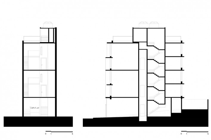 Edifício Condessa, cortes transversal e longitudinal, Porto Alegre RS Brasil, 2018. Arquitetos Cristiano Lindenmeyer Kunze e Nathalia Cantergiani Fagundes de Oliveira (autores) / Cantergiani + Kunze Arquitetos<br />Imagem divulgação  [Cantergiani + Kunze Arquitetos]