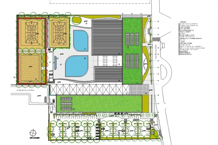 Concurso de Propostas Arquitetônicas para o futuro SESC Guarulhos, 5º lugar, implantação (planta de cobertura). Escritório Ricoy Torres Consultoria e Projetos<br />Desenho divulgação 