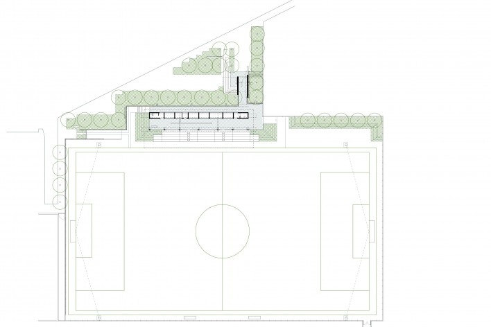 Campo de fútbol A Gandareira, planta baja gradas, Silleda, Pontevedra, España, 2018. Arquitectos Abraham Castro Neira y Carlos Alberto Pita Abad<br />Imagén divulgacíon  [Colección Abraham Castro Neira y Carlos Alberto Pita Abad]