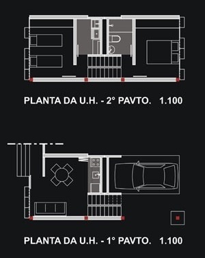 Plantas do primeiro e segundo pavimento da unidade habitacional<br />Imagem dos autores do projeto 