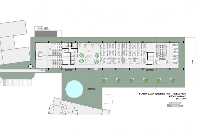Centro de Referência em Empreendedorismo do Sebrae-MG, planta terceiro pavimento, 1º lugar. Arquiteto Andreoni da Silva Prundêncio, 2008<br />Desenho escritório 