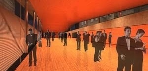 Foyer por sob a praça Carlos Drummond de Andrade, com vista lateral para os edifícios das secretarias<br />Imagem dos autores do projeto 