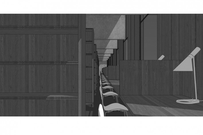 Saint Catherine’s College, vista interior da biblioteca, Oxford, Inglaterra, 1959-1964, arquiteto Arne Jacobsen<br />Modelo tridimensional de Edson Mahfuz e Ana Karina Christ 
