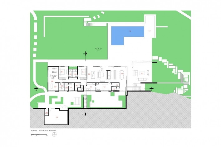 Residência LG, planta pavimento inferior, Bragança Paulista SP Brasil, 2014. Arquitetos Henrique Reinach e Maurício Mendonça (autores)/ Reinach Mendonça Arquitetos Associados<br />Imagem divulgação/ disclousure image  [Reinach Mendonça Arquitetos Associados]