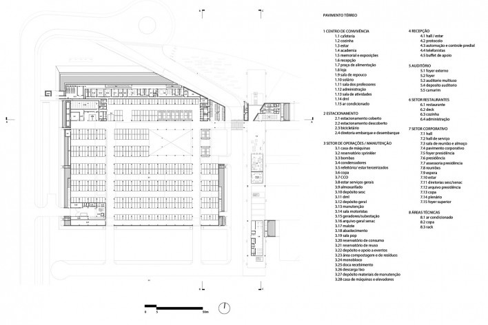 Fecomércio, Sesc e Senac do Rio Grande do Sul, planta térreo, Porto Alegre RS, 2020. Arquitetos Dario Corrêa Durce, Emerson Vidigal, Eron Costin, Fabio Henrique Faria e João Gabriel Rosa (autores) / Estúdio 41<br />Imagem divulgação  [Estúdio 41]