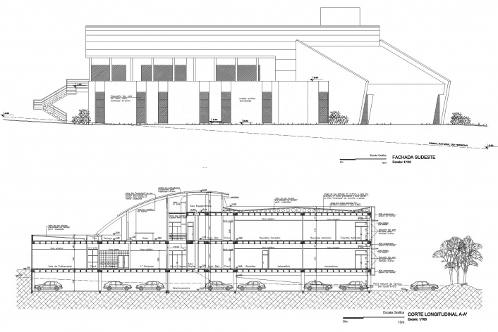 CEITEC – Centro de Excelência em Tecnologia Eletrônica Avançada, fachada sudeste e corte AA, Porto Alegre RS. Arquiteto Raul Macadar, 2009<br />Desenho equipe 