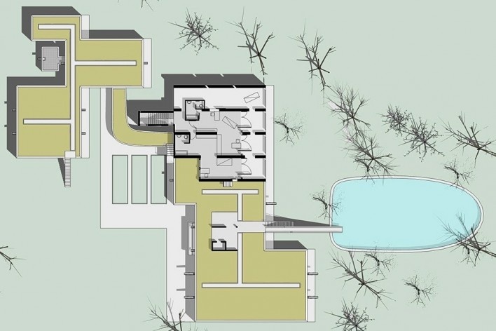 Casa Sarabhai, planta primeiro pavimento, Shadibag, Ahmedabad, India, 1952-55. Arquiteto Le Corbusier<br />Elaboração Edson Mahfuz 