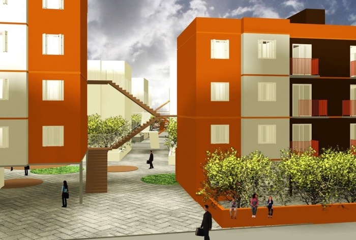 Perspectiva. Concurso Habitação para Todos. CDHU. Edifícios de 4 pavimentos - Menção honrosa.<br />Autores do projeto  [equipe premiada]