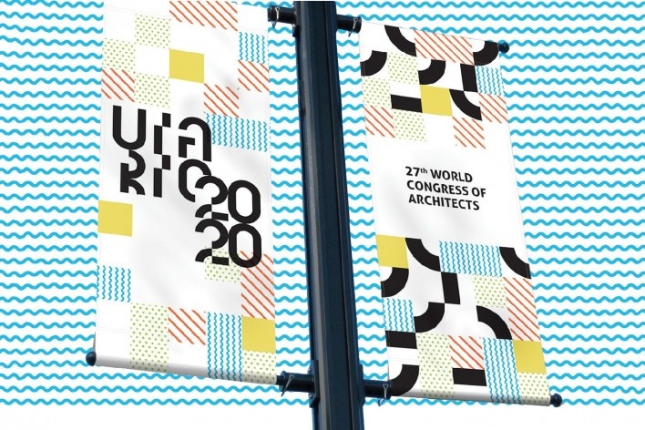 Concurso nacional para a marca do UIA Rio, terceiro lugar. Aplicação em banner. Victor Buck / Dito Criativo Design