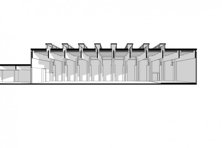 Saint Catherine’s College, corte longitudinal do refeitório, com sombras, Oxford, Inglaterra, 1959-1964, arquiteto Arne Jacobsen<br />Modelo tridimensional de Edson Mahfuz e Ana Karina Christ 