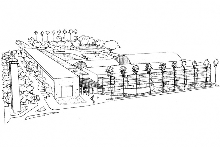 Concurso de Propostas Arquitetônicas para o futuro SESC Guarulhos, 5º lugar, vista geral do conjunto. Escritório Ricoy Torres Consultoria e Projetos<br />Desenho divulgação 