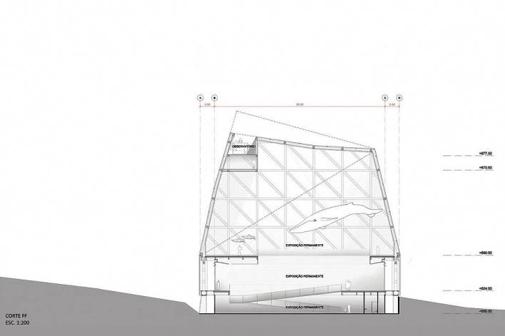 Concurso Internacional para Projeto Arquitetônico do Museu Exploratório de Ciências da Unicamp, corte transversal, 1º lugar. Arquitetos Reinaldo Nishimura, Daniel Corsi e Dani Hirano, 2009<br />Desenho equipe 