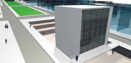 Vista da praça rebaixada com escadaria/ arquibancada<br />Imagem dos autores do projeto 