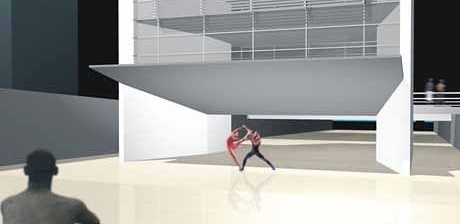 Vão livre do Edifício–Mirante utilizado como palco<br />Imagem dos autores do projeto 