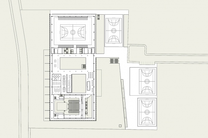 Concurso de Propostas Arquitetônicas para o futuro SESC Guarulhos, planta 3, 8º lugar. Andrade Morettin Arquitetos<br />Desenho equipe 