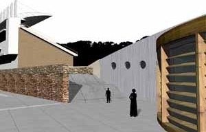Conexão arena multiuso-edifício de arquibancadas<br />Imagem dos autores do projeto 
